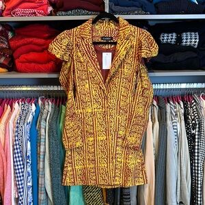 Kahindo red/yellow print long sleeve cold shoulder button front dress S NWT